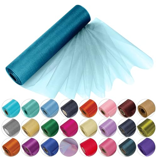 Trimming Shop Organza-rulle snö skir glittertyg 25 m x 29 cm för bröllopsplats, stolrosett, bordslöpare, julevenemang, festdekoration, gör-det-själv hantverksprojekt, turkos blå