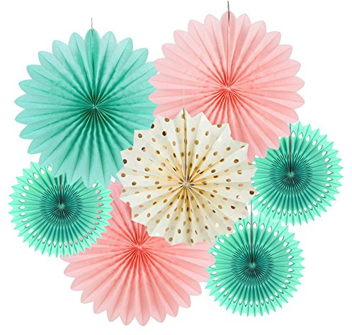 SUNBEAUTY 7 stycken rosa mynta blommor pappersdekorationer runda hängande pappersfläktar paket för bröllop, deco, sommar, födelsedag, babyshower, backdrop Garland Deco för bord