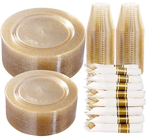 DaYammi 350Pcs Gold Glitter Dinnerware Set 50 Guest for Party Gold Plates Disposable - 50 Dinner Plate,50 Dessert Plate,50 Per Rolled Napkins with Gold Cutlery,50 Plastic Cups 9 OZ for Party Wedding