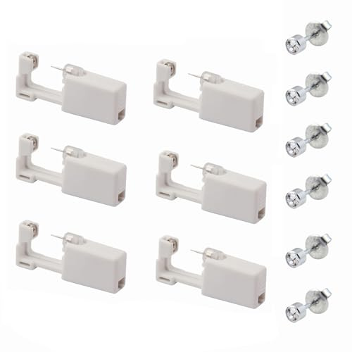 6 Piezas Pistolas para Perforar la Oreja, Pistolas Desechables para Piercing de Oreja, Kit de Perforación de Orejas Estéril con Aretes, Aplicar para Niñas, Mujeres y Hombres(Blanco)