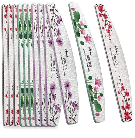 12PCS Nail File Set,Half Moon Nail Buffer Files,Double-Sided Emery Boards for Nails 100 180 240 Grit Manicure Tool for Natural Nails or Extensions