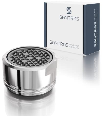 SANTRAS® Strahlregler M24 x 1 für jeden herkömmlichen Wasserhahn mit Siebeinsatz in Chrom – Mischdüse (Außengewinde 24 mm) mit Filtereinsatz, hochwertiger Dichtung und Luftmixer MADE IN GERMANY