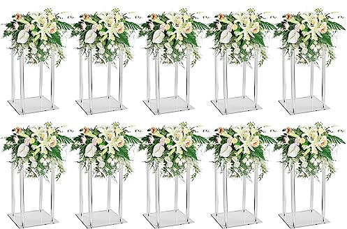 10 Pcs Acrylic Clear Vases for Wedding Centerpieces, 15.75 Tall Flower Stand, Engagement Home Party Table Decor Centerpiece Vases, Rectangular Acrylic Flower Stand with 50 Pcs Gold Napkin Rings