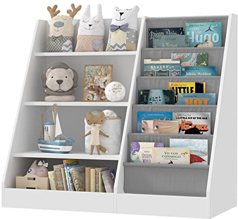 KEEPREAPER Kinderregal Bücherregal für Kinder 90x40x80cm, mit 5 Ablage und 4 offenen Fächern, Holz, Spielzeugregal, Spielzeug-Organizer für Kinderzimmer, Weiß