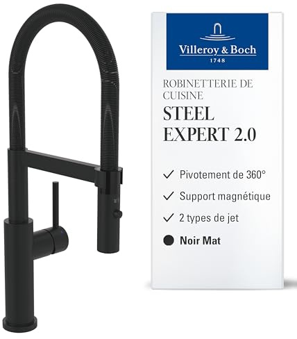 Villeroy & Boch Steel Expert 2.0, grifo de cocina de alta presión con conmutación y caño giratorio con muelle espiral de 360°, flujo laminar, altura del caño 170 mm, resistente a huellas, negro mate