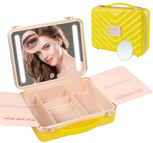 Kalolary Beauty Case da Viaggio con Specchio a LED Borsa Trucco da Viaggio con 3 Modalità di Illuminazione Borsa Trucco da Viaggio Portatile Professionale Valigia Cosmetica, giallo, Astuccio per il