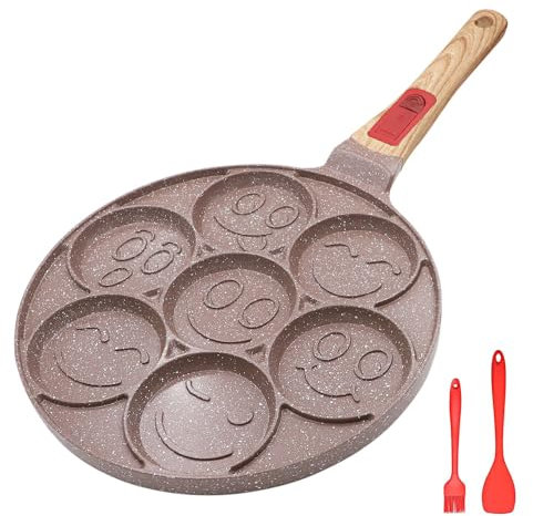 RANX INGST Padella Pancake con Rivestimento Antiaderente in Ceramica, Piastra Pancake 7 Fori con Maniglia Rimovibile per Colazione - Marrone