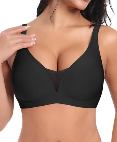 Ganado Sujetador sin Aros Mujer Sujetadores Encaje sin Costuras Bralette Básicos Cuello V Profundo, Negro, XL