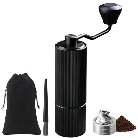 ELMWAY Precision Manual Coffee Grinder by ELMWAY – Stainless Steel Burr & Shaft, Dual Bearings, Aluminium Body & Handle with ABS Support Frame, Adjustable Grind & Portable Travel Pouch – Black