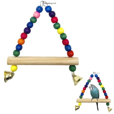 WeddHuis 1pcs Dreieck hölzerne Vogelschaukel mit Glocke Vogelkäfig Zubehör für Papageien, Finken, Unzertrennliche, Sittiche, Aras (Training)