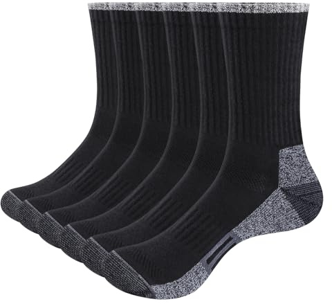YUEDGE Mens Socks Black Cushioned Walking Sports Socks Performance Training Athletic Sock Breathable Wicking Work Socks Casual Cotton Crew Sock for Men 9-12 UK, Multipack, 6 Pairs