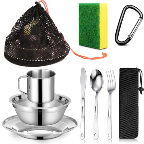 Scout Camping Mess Kit for Person 18/8 Stainless Steel Utensils Camping Dinnerware Kit Boy Scout Dishes Set Girl Scout Mess Kit with Mesh Bag Camping Cutlery Set for Travel Trip School Camp (1 Set)