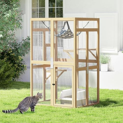 COZIWOW Catio Outdoor Cat Enclosure Window Access, Wooden Cat House Shelter, Kitty Cage with Hammock for Patio Indoor (Wood)