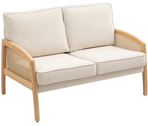 HOMCOM Sofá de 2 Plazas Tapizado en Chenilla Sofá de Salón con 2 Almohadas Lavables y Reposabrazos de Ratán Sintético Carga 240 kg 123x75x88 cm Beige