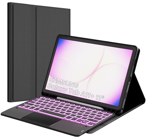 Étui Clavier pour Samsung Galaxy Tab A11+/A9 Plus 11 Pouces - 7 Couleurs Rétroéclairées Amovible Clavier Cover sans Fil avec Pavé Tactile - Tab A11 Plus 2025/A9+ 2023 11 AZERTY Français Coque Noir