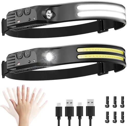 Dopalloy Head Torch Rechargeable 2 Pack - Super Bright Dual LED Strip Headtorch, 230° Wide Beam Headlight with Motion Sensor, USB Battery Powered Headlamp for Fishing, Running, Camping Essentials