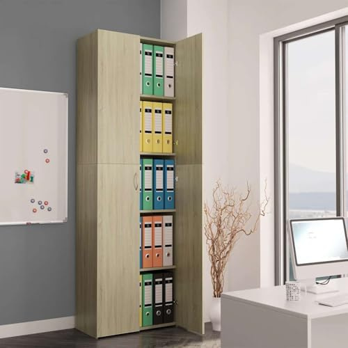 Armadio da ufficio Sonoma rovere 60 x 32 x 190 cm, in legno con 5 ripiani e due ante per elegante organizzazione di uffici e archiviazione stabile di documenti