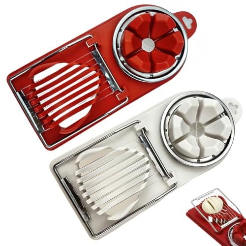 LKJAUOZ 2 Pezzi Taglia Uova Sode 3 in 1 in Acciaio Inox, Affettatrice per Uova, Funghi e Frutta Morbida, Lavabile in Lavastoviglie, Colore Rosso e Bianco