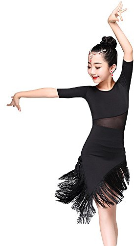 KINDOYO Barn Flicka Danskläder Tofs Fälsning Dansklänning Latino Motion Prestanda Konkurrens Kostym, Svart, 150