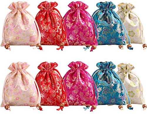 Aileder 10Pcs Brocart de Soie Bijoux Pochette Double Couche Cordon Cadeau Sacs pour Mariage Fête D'anniversaire Faveurs De Noël Bonbons Chocolat Sacs Brodé Emballage Sac De Rangement