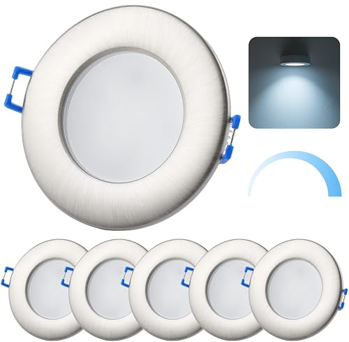 Sweet Led 5er Set LED Einbaustrahler 230V IP44 – Flach & Dimmbar – 6,5W 650 Lumen – Kaltweiß 6500K – Deckenspots Ø68mm für Badezimmer Küche – Einbauleuchten in Edelstahl-Optik