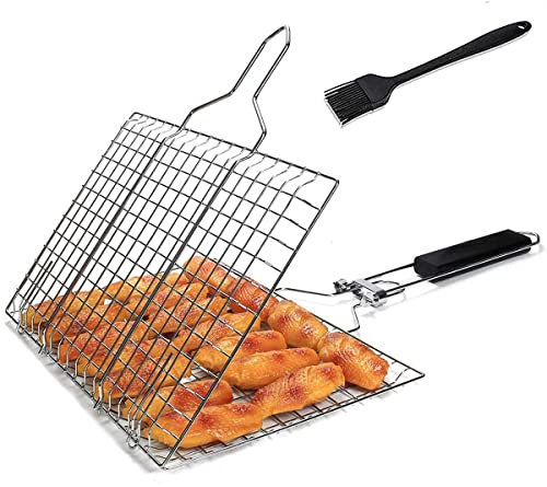 LJBOZ Fischzange Zum Grillen Edelstahl, Faltbar Grillgitter Fischgriller, Non-Stick Grillkorb BBQ FischbräTer mit Abnehmbarem Holzgriff, für Fisch Shrimps Steak GemüSe