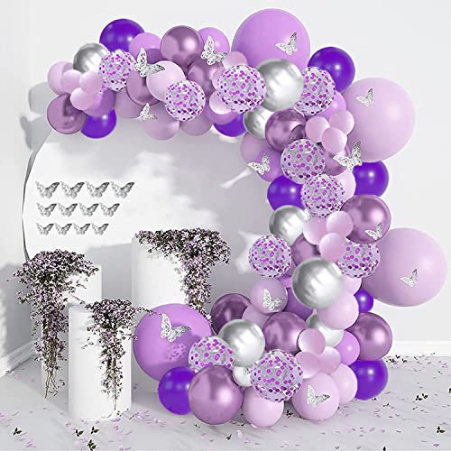 XWTJUER Kit Ghirlanda Palloncino Viola, 127 Pezzi Set Decorazioni Compleanno Argento Con Arco, Palloncini e Adesivi Farfalla