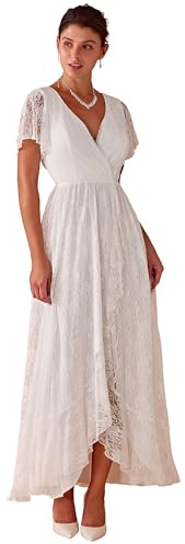 Ever-Pretty Robe Demoiselle d'honneur Femme Longue Asymétrique Dentelle Manches Courtes Col V Fluide Chic EE01489