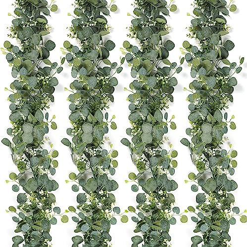 LOMOHOO 4 Pack Artificial Eucalyptus Garland Vines with White Flower,5.9ft Fake Eucalyptus Leaves Garland Plant,Greenery Garlands for Bedroom Wall Decor Wedding Party Room Decor