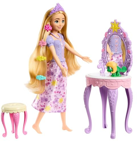 Mattel Disney Princess Coffret Avec Poupée Raiponce Inspiré Par Le Dessin Animé, Coiffeuse Violet Et Rose Et 10 Accessoires, Figurine Pascal À Clipser, Jouet Enfant, Dès 3 Ans, HLX28