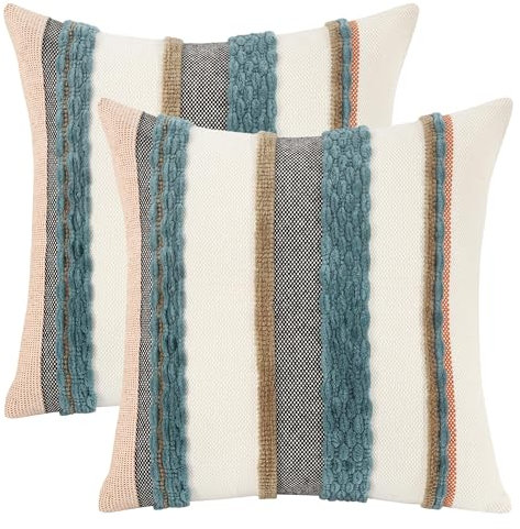 Tosleo 2er Set Kissenbezug Chenille 45x45cm Baumwollmischung Kissenhülle Sofakissen Streifen Dekokissen Boho Deko Kissenbezüge für Sofa Wohnzimmer Schlafzimmer Outdoor Kissen