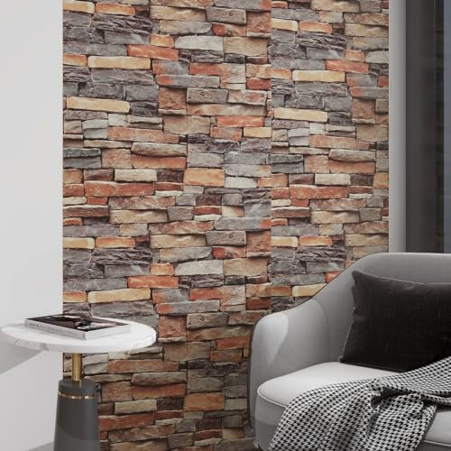 auxua Selbstklebende Tapete für Badezimmer Schlafzimmer,wasserfest Rot tapete steinoptik selbstklebend,Abnehmbare tapeten Rot Ziegel steintapete (45 * 600cm)