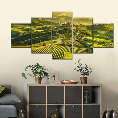Set Quadri Da Parete Con Cornice 5 Pezzi Vigneti delle Langhe al sole Stampa Su Tela Con Cornice Pittura Quadri Grandi Dimensioni 200x100 Home Decor