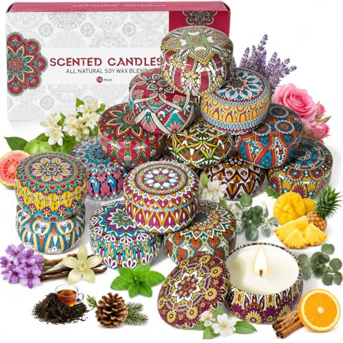 16 Pack Scented Candles Gift Set for Women, Natural Soy Wax Aromatherapy Candles in Decorative Tin Jars, Long Burning Relaxing Candle Gifts for Home, Bath, Spa, Birthday, Christmas
