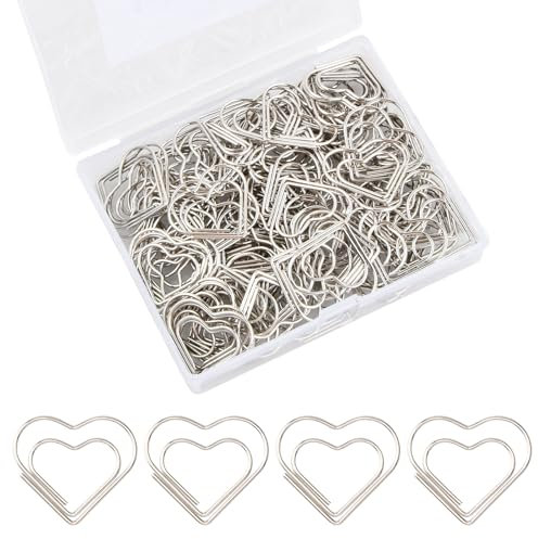 Amexo 100Stück Büroklammern Herz Gold, BüroklammerHerz Set mit Transparentbox 2.8cm Büroklammer Halter Ideal zum Sortieren und Befestigen von Dokumenten Herz Paper Clips Papierklammern (Silber)