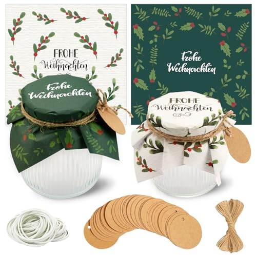 YANSYUN 40 Marmeladendeckchen Weihnachten Sets, Marmeladendeckchen Weihnachten 15cm + 20m Jute Garn + 40 Justiergummi + 40 Geschenkanhänger, Weihnachtliches Dekor für Marmeladengläser Klein (Grün)
