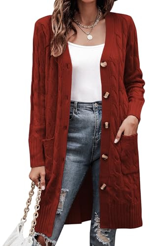 Aottori Cardigan Donna Lungo con Bottoni Giacca Maglia Elegante Casual Maglione Aperto a Trecce Cappotto Manica Lunga Comodo per Autunno Inverno Rosso Scuro L