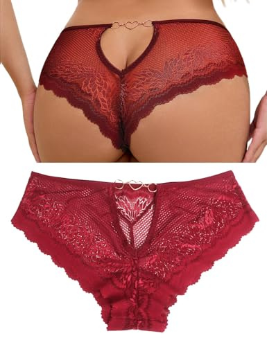 ohyeahlady Sexy Lace French Knickers Plus Size Thong Panties Womens Back Cut Out Brazilian Cheeky Underwear with Heart Shaped Chain Breathable Hipster Briefs Red M