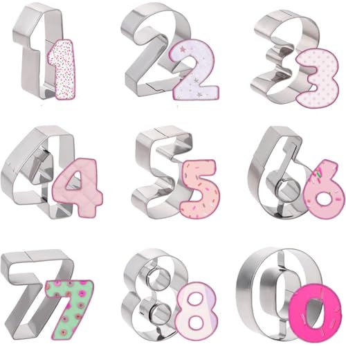 Number Cookie Cutters Set 9pcs Number 0 1 2 3 4 5 6 7 8 Cookie Cutters Stainless Steel Number Cookie Biscuit Cutters Number Shaped Baking Cutter Tools for Kitchen, Baking