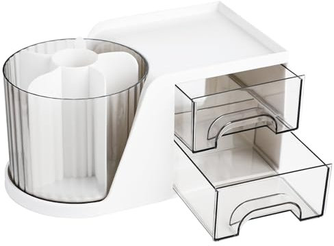 Bekeify Organisateur Maquillage Rotatif 360 Degrés et Tiroir 2 en 1 Pinceaux Organizer Rangement Maquillage avec Tiroir Coiffeuse Boite pour Chambre, Salle de Bain, Cosmétiques, Parfum, Blanc