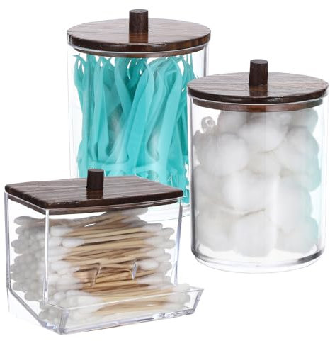 SUMTree L-shaped and 2 Cylinder Qtip Cotton Ball Holders Acrylic Qtip Dispenser with Bamboo Lid, Floss Swab Dispenser, Bathroom Storage Jar Canister, Plastic Apothecary Jar for Kitchen Bathroom, Brown