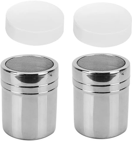 2Pcs Stainless Steel Flour Sugar Salt Shaker – Powder Icing Sugar Shaker with Lid – Fine Mesh Sifter for Baking, Cooking – Kitchen Tools for Home, Pastry & Barista Use