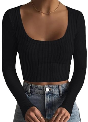 DUOEASE Tee Shirt Manche Longue Femme Col Rond Côtelé Crop Top Femme Slim Fit Basique Haut Noir XL