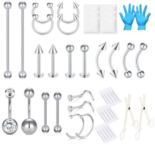 AVYRING 46 Stück Piercing Set für Nase, Septum, Bauchnabel, Augenbraue, Lippe, Zunge, Ohr, Knorpel, Tragus, Helix mit Piercing Schmuck, 13G 15G 18G 316L Edelstahl Piercingwerkzeuge und Zubehör, Silber