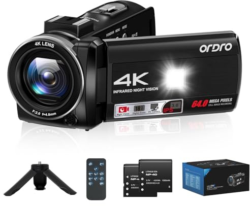 ORDRO Camcorder 4K, 64MP Vlogging Camera with 18X Digital Zoom, LED Fill light, 3.0 Inch Screen, IR Night Vision, Vlogging Camera for YouTube with Tripod and Two Batteries