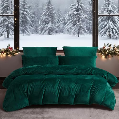 YASMENG Flanell sängkläder 155 x 220 vinter mörkgrön varm mysig flanell sängkläder vinter fluffig plysch sammet fleece påslakan set med 3 delar med dragkedja och 2 örngott 80 x 80 cm