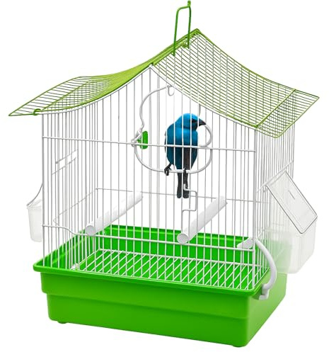 MOLY Jaula para Pájaros 31 x 28 x 20 cm Verde | Pajarera Plegable y Desmontable Canarios, Periquitos y Aves Pequeñas | 2 Comederos + 2 Palos para Posarse + Columpio | Fácil Limpieza y Transporte