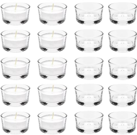 LxsNyvantic 20 pezzi Porta candele vetro,diametro 4,6 cm, vetro trasparente, forma rotonda, adatte per matrimoni, Natale, decorazioni da tavola e occasioni speciali