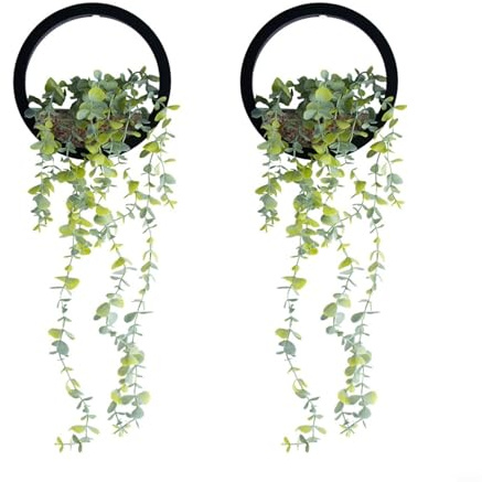Uppsättning av 2 konstgjorda hängande växter av PVC med realistiskt grönt bladutseende, väggmontering för vardagsrum, sovrum och kontor (eukalyptus leaves)