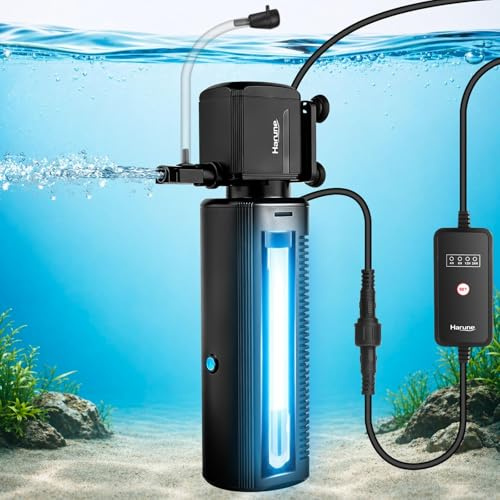Harune 1200L/H Internal Aquarium Filter with UV Light, High Flow Fish Tank Filter for 100-400L,Timer Controller and Visible UV Window for Freshwater & Marine